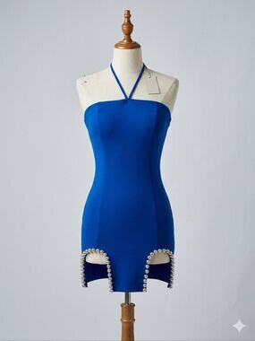 Diosa NWT Blue Halter Beaded-Trim Bodycon Dress, Size Small
